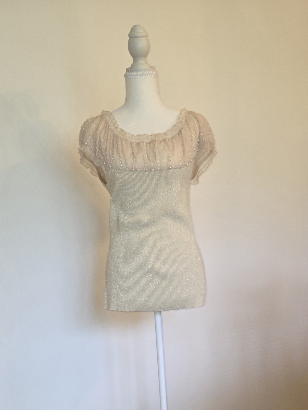 Cable & Gauge Champagne Sparkle Sheer-Yoke Short Sleeve Top - Picture 11 of 11